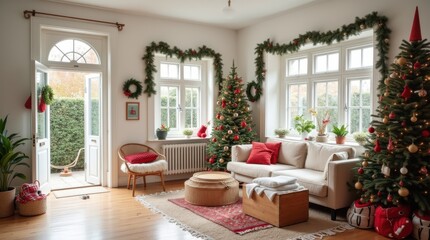 Fototapeta premium Christmas Living Room with White Walls and Natural Light