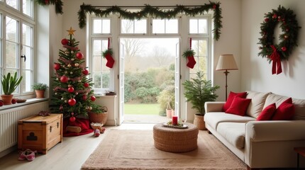 Christmas Living Room with White Walls and Natural Light