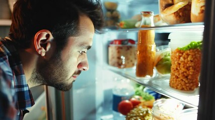Man gazes thoughtfully into an open refrigerator at night considering snack options for a late meal