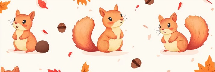 Obraz premium Adorable cartoon squirrels amidst autumn leaves and acorns.