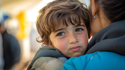 Obraz premium A volunteer comforting a tearful refugee child at a temporary shelter during a food distribution.