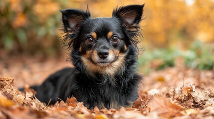 Adorable black chihuahua relaxing in autumn leaves during fall season