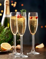 Golden champagne glasses at a wedding banquet or dinner party. Celebration, joy, and fine alcohol for a festive event. Shiny cocktail glass on banquet table with bokeh in background. Planning a party.