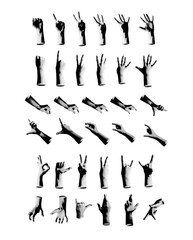 Set of hand gesture signs, including peace, victory, ok, and rock, held by a child. Retro, vintage grayscale design with halftone and dotted texture. Vector illustration isolated