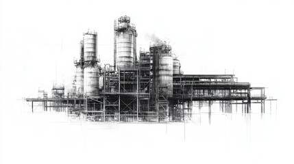 A vintage black and white half tone illustration of a small factory isolated on a white background, white on black, high contrast