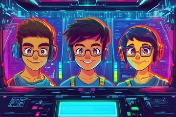 Engaging Virtual Meeting Space Featuring Playful Cartoon Style Avatars in Vibrant Tones with Glowing Elements and a Futuristic Background