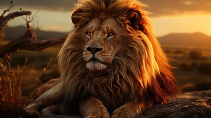 Naklejka premium Majestic African Lion at Sunset