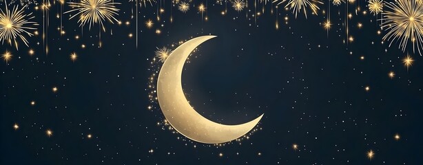 Naklejka premium New years Golden Moon and Fireworks with copy space
