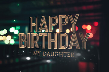 Happy Birthday To My Daughter in sleek gold letters, with "To My Daughter" in small text, set against blurred green and red bokeh with subtle light sparkles, creating a heartfelt and elegant design.