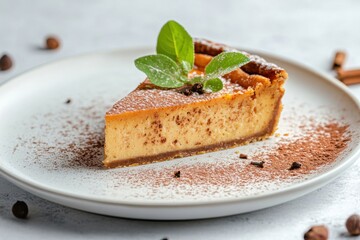 Delicious cheesecake slice topped with mint leaves and cocoa powder on a white plate