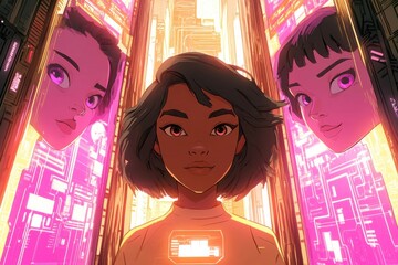 Engaging Virtual Meeting Space with Playful Avatars in Cartoon Style Illustration Featuring Vibrant Glowing Tones and Futuristic Elements