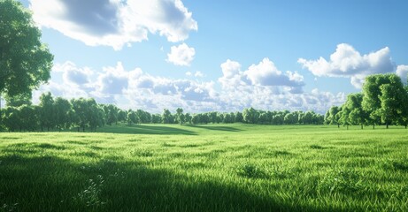 Obraz premium Lush green meadow under a partly cloudy sky with trees