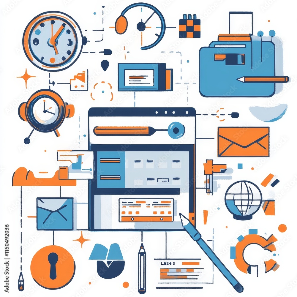 Poster digital workspace filled with elements of productivity, time management, and communication tools des