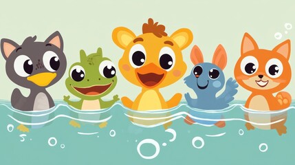 Obraz premium Five cute cartoon animals ? cat, duckling, lizard, bunny, and kitten ? happily playing in a pool of water.