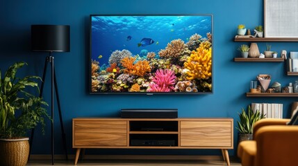 Modern living room with flat-screen TV displaying vibrant underwater scene.