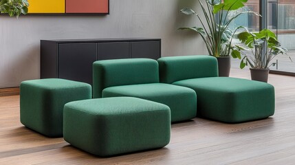 Modern green modular sofa and ottomans in a contemporary living space.