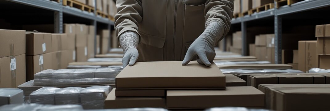 Warehouse worker in gloves handling cardboard boxes.