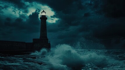 Lighthouse shining brightly during a stormy night at sea.