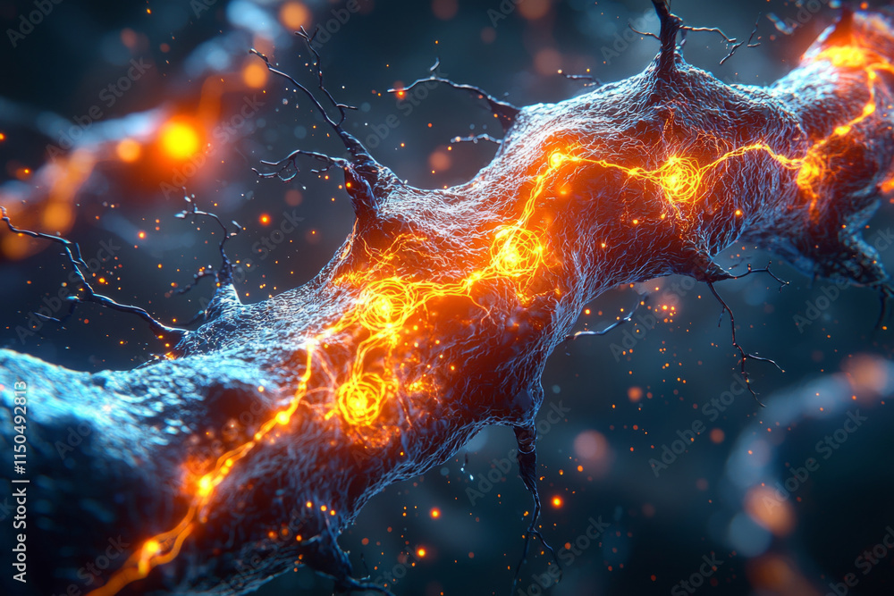 Poster dynamic light pulses travel along glowing filaments of neural connections in hyper realistic animati