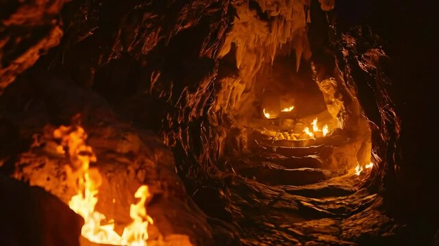 Fiery cave interior with illuminated path.