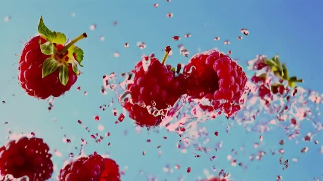 Fresh raspberries splashing in water, vibrant red, juicy, healthy, summery, delicious, refreshing, clean, pure, natural, organic, and revitalizing.
