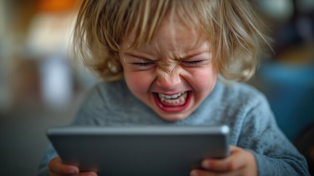 A child has a tantrum while playing on a digital tablet