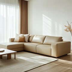Neutral-toned Living Room Featuring a Modern Beige Couch and Light Wood Furniture in a Bright, Airy Space With Soft Natural Light