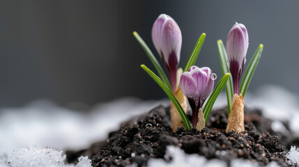 Obraz premium Close-up of purple crocuses emerging through the snow, surrounded by soil, capturing the beauty of early spring renewal and resilience in nature. 
