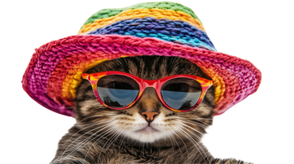 Photograph of a cute cat wearing a colorful hat and sunglasses , isolated on Transparent PNG format Background. 