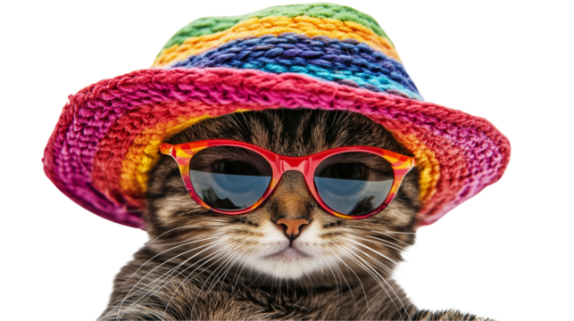Photograph of a cute cat wearing a colorful hat and sunglasses , isolated on Transparent PNG format Background.
