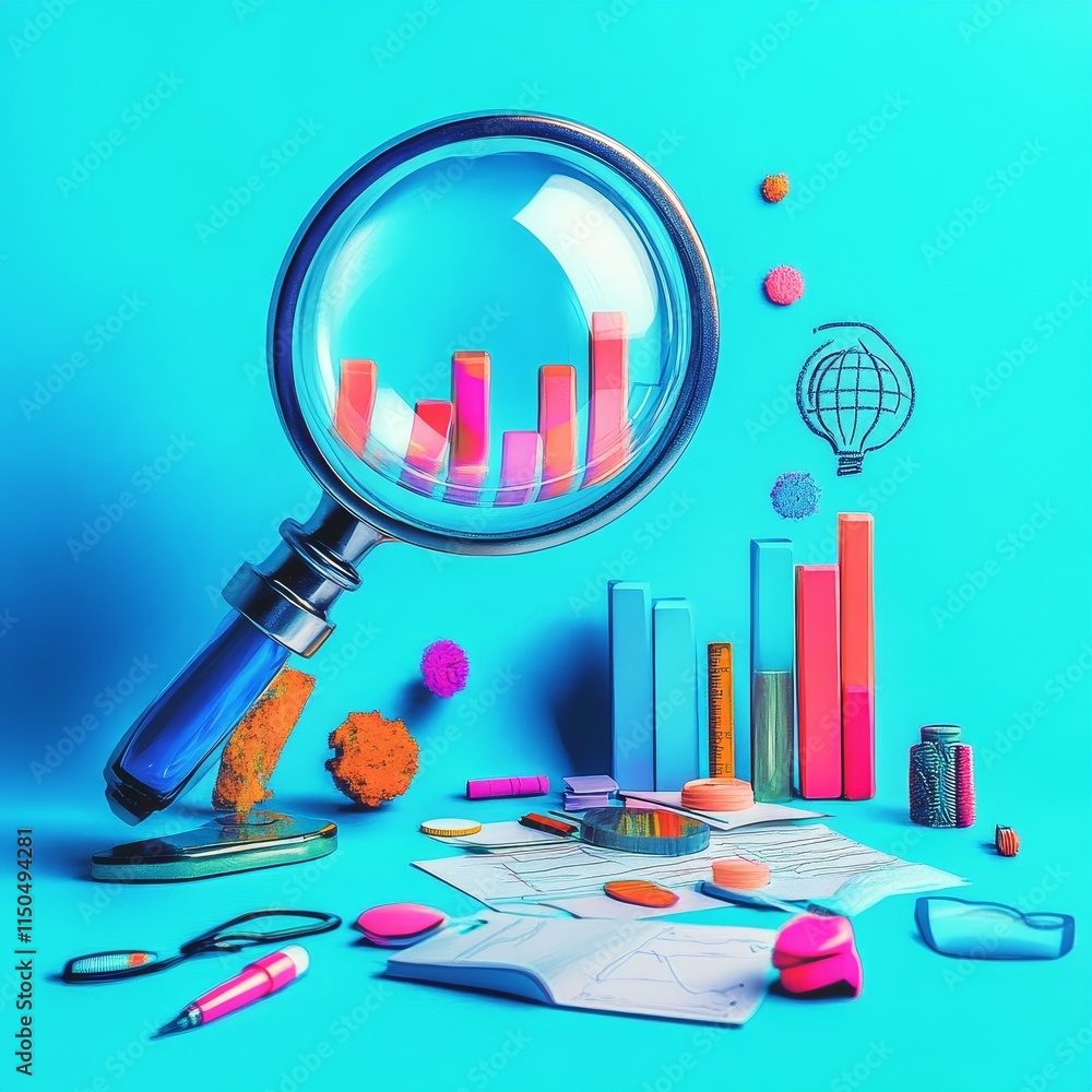 Aufkleber magnifying glass focuses on colorful data visuals and analysis tools set against a bright blue backg