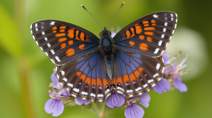 Fototapeta premium Close-up of a colorful butterfly resting on vibrant flowers in a lush garden