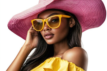 Beautiful african american woman wearing yellow sunglasses with a pink hat, isolated on a white background