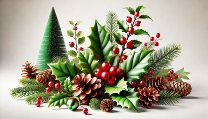 Realistic Christmas Holly Leaves, Red Berries, and Pinecones on a White Background