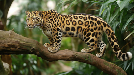 Leopard walking gracefully on a branch surrounded by lush greenery