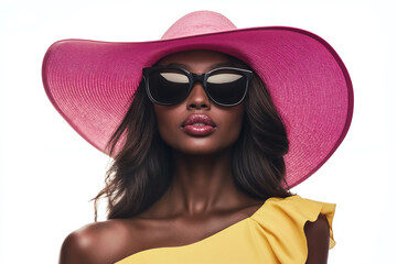 Beautiful african woman wearing black sunglasses with a pink hat, isolated on a white background