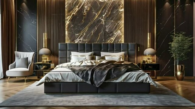 Luxurious modern bedroom interior design with dark marble walls, wooden accents, and a comfortable bed.