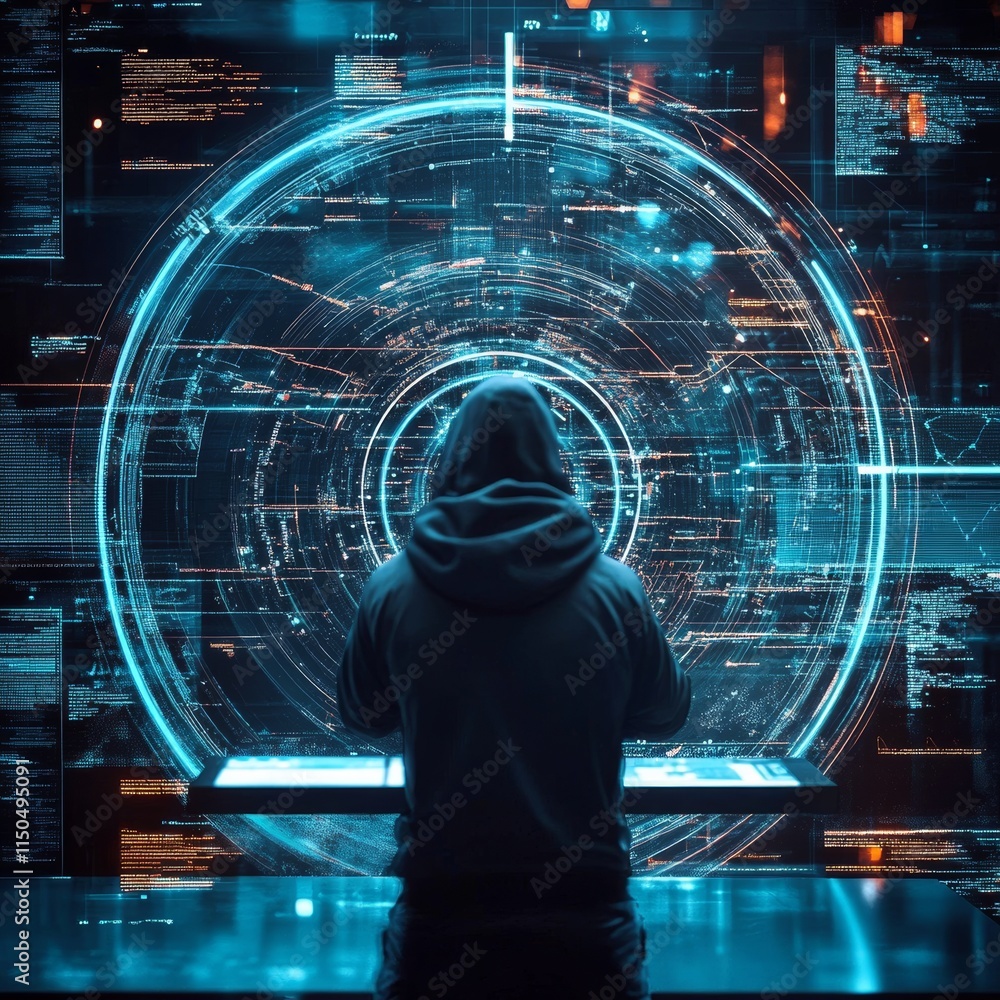 Aufkleber Hacker Using Advanced Technology in a Dark Room to Manipulate Data and Visualizations During Late-Night Coding Session