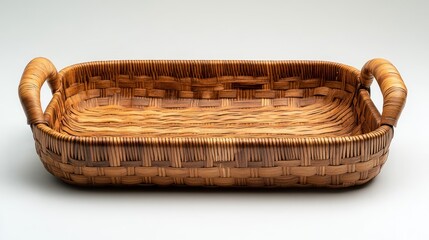 Rectangular wicker serving tray with handles, isolated on white.