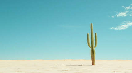 Lonely saguaro cactus standing in a vast desert under a bright blue sky