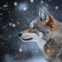 Obraz premium Profile of a wolf adorned with snowflakes, gazing thoughtfully in a snowy environment