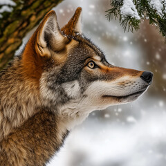Close-up of a wolf with snowflakes on its fur, gazing thoughtfully in a winter setting