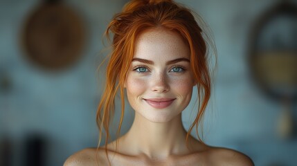 Naklejka premium A portrait of a happy redhead woman with a creative career, smiling confidently against a studio background