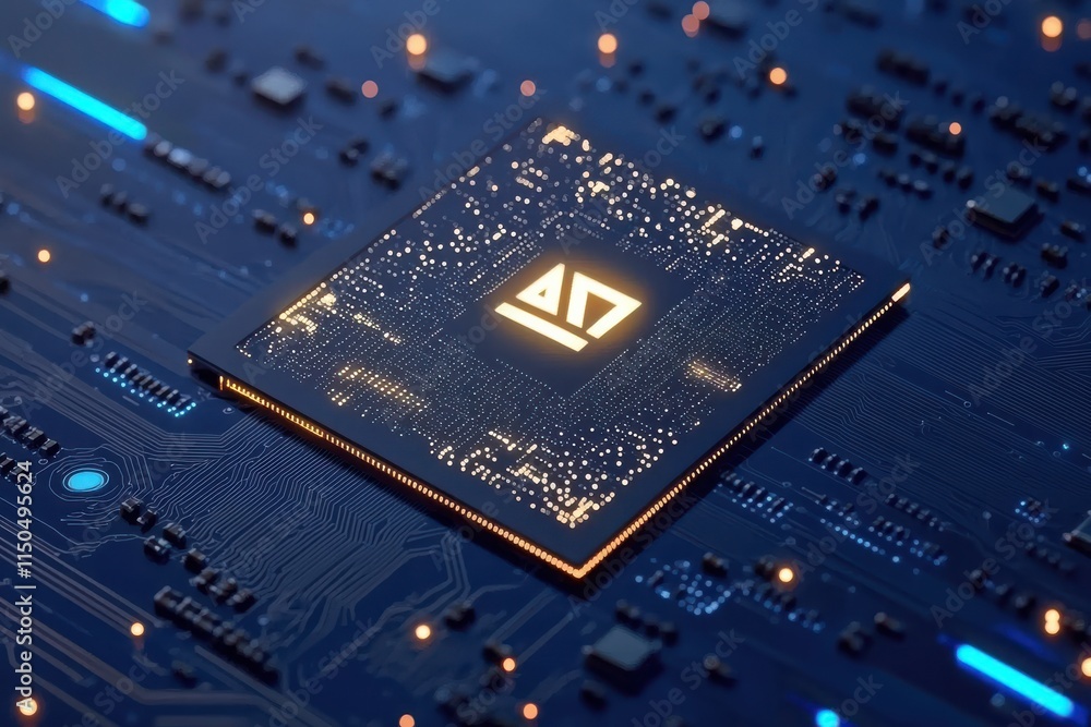 Poster futuristic close-up view of an ai computer chip on a circuit board with soft blue led lighting in a 