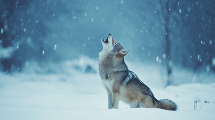 Naklejka premium Wolf howling in a snowy landscape, surrounded by frost-covered vegetation