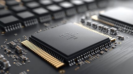 Close-up of a black microprocessor on a circuit board.