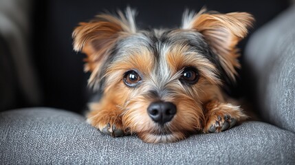 Adorable yorkshire terrier puppy resting on cozy gray sofa looking curious