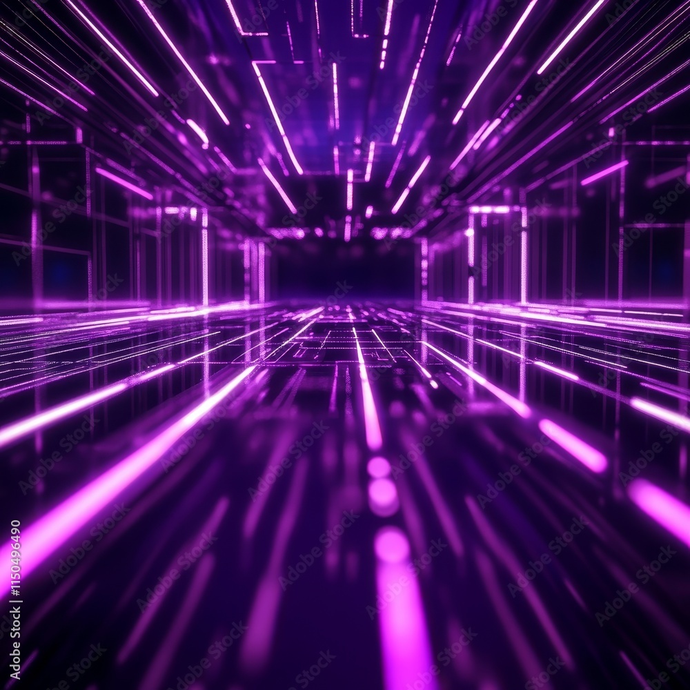 Poster futuristic digital corridor with glowing purple lines and abstract patterns creating a sense of dept