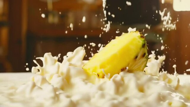Pineapple chunks splashing into creamy milk.