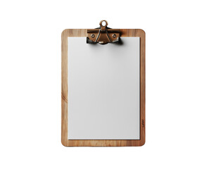 Blank white sheet of paper on a wooden clipboard transparent